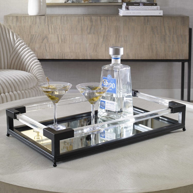Uttermost Balkan Matte Black Hand Forged Iron and Mirrored Tray With Acrylic Handles