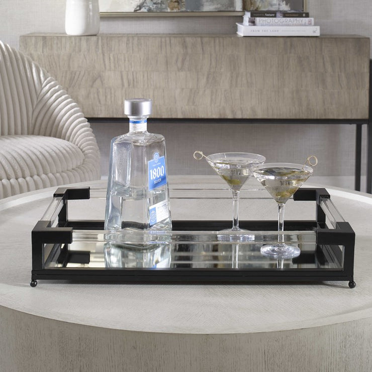 Uttermost Balkan Matte Black Hand Forged Iron and Mirrored Tray With Acrylic Handles