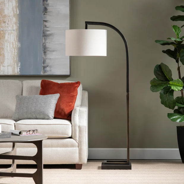 Crestview Collection Circa Bronze Metal Curved Floor Lamp With Natural Linen Shade