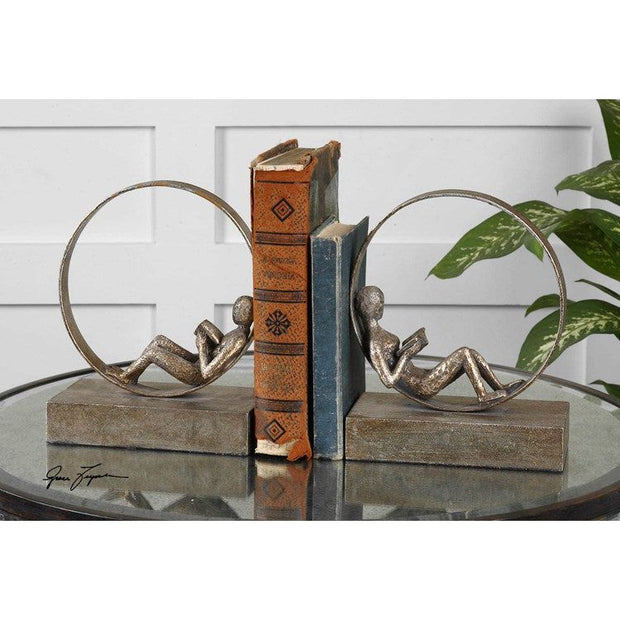 Uttermost Lounging Reader Antiqued Silver Leaf Bookends