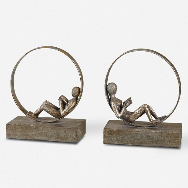Uttermost Lounging Reader Antiqued Silver Leaf Bookends