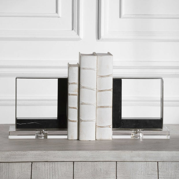 Uttermost Tilman Brushed Nickel and Black Marble Modern Bookends