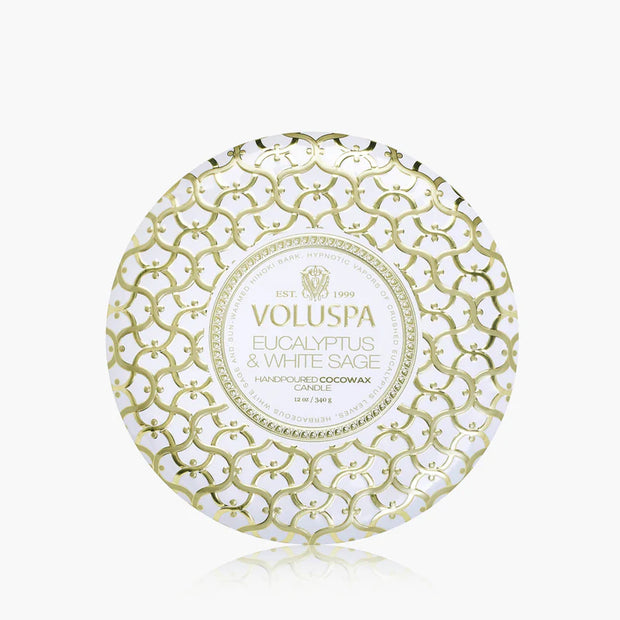 Voluspa Eucalyptus and White Sage 3 Wick Tin Candle ~12oz