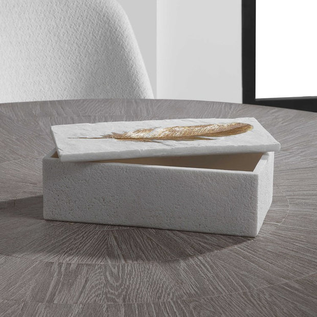 Uttermost Nephele Aged White with Gold Leaf Feather Decorative Box