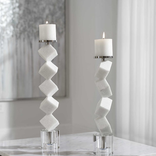 Uttermost Casen Sculptural Ivory Stone and Crystal Set of 2 Candle Holders ~ Candles Included