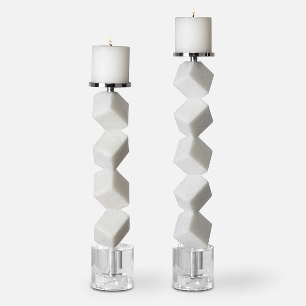 Uttermost Casen Sculptural Ivory Stone and Crystal Set of 2 Candle Holders ~ Candles Included