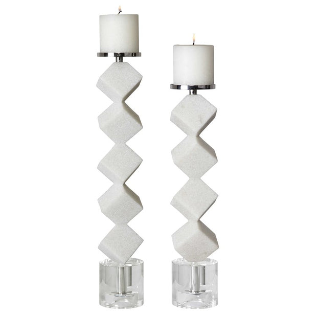 Uttermost Casen Sculptural Ivory Stone and Crystal Set of 2 Candle Holders ~ Candles Included