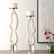 Uttermost Feamelo Sculptural Ivory Stone and Crystal Set of 2 Candle Holders ~ Candles Included
