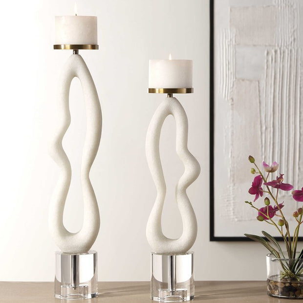 Uttermost Feamelo Sculptural Ivory Stone and Crystal Set of 2 Candle Holders ~ Candles Included