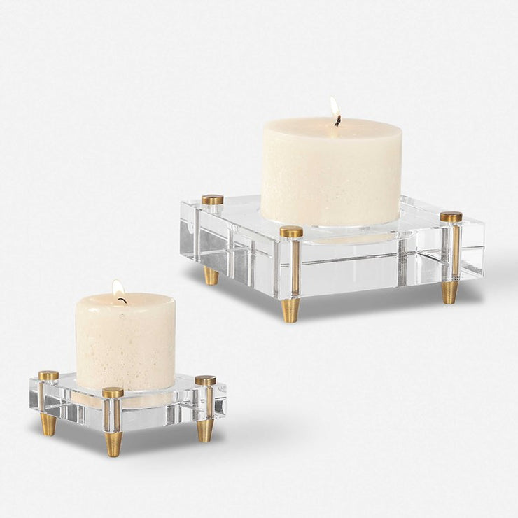 Uttermost Claire Crystal Blocks and Brass Set of 2 Candle Holders ~ Candles Included