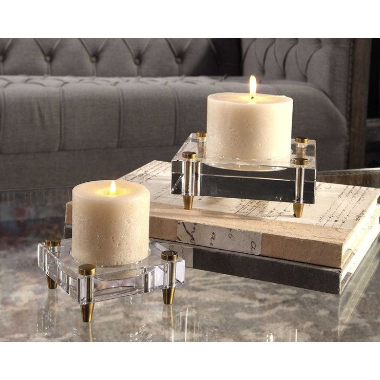 Uttermost Claire Crystal Blocks and Brass Set of 2 Candle Holders ~ Candles Included