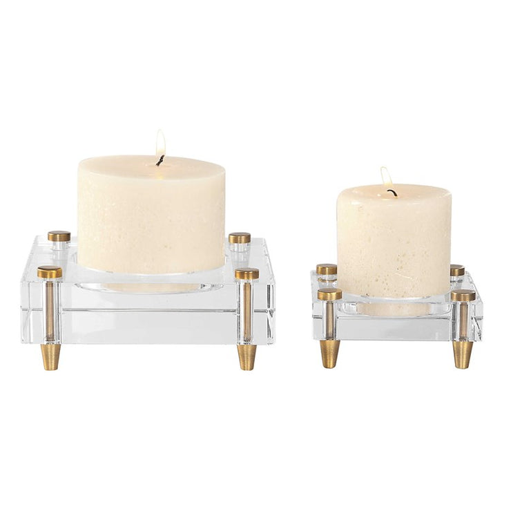 Uttermost Claire Crystal Blocks and Brass Set of 2 Candle Holders ~ Candles Included