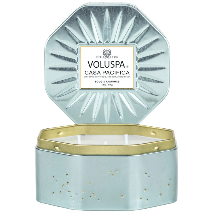 Voluspa Casa Pacifica 3 Wick Octagon Tin Candle ~12oz