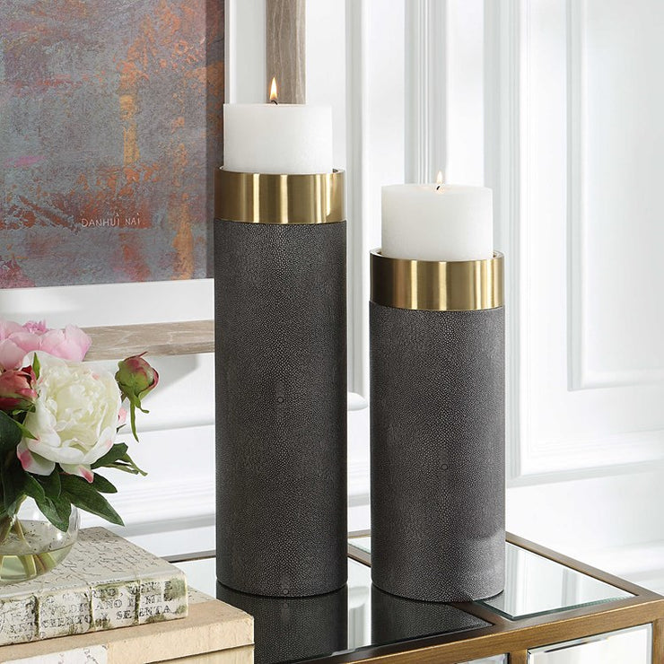 Uttermost Wessex Gray Faux Shagreen and Antiqued Brushed Brass Set of 2 Candle Holders ~ Candles Included