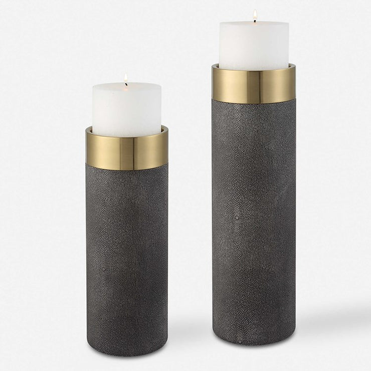 Uttermost Wessex Gray Faux Shagreen and Antiqued Brushed Brass Set of 2 Candle Holders ~ Candles Included