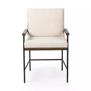 Four Hands Crete Black Iron and Wood Dining Armchair ~ Saville Flax Performance Linen Blend Fabric Cushioned Seat
