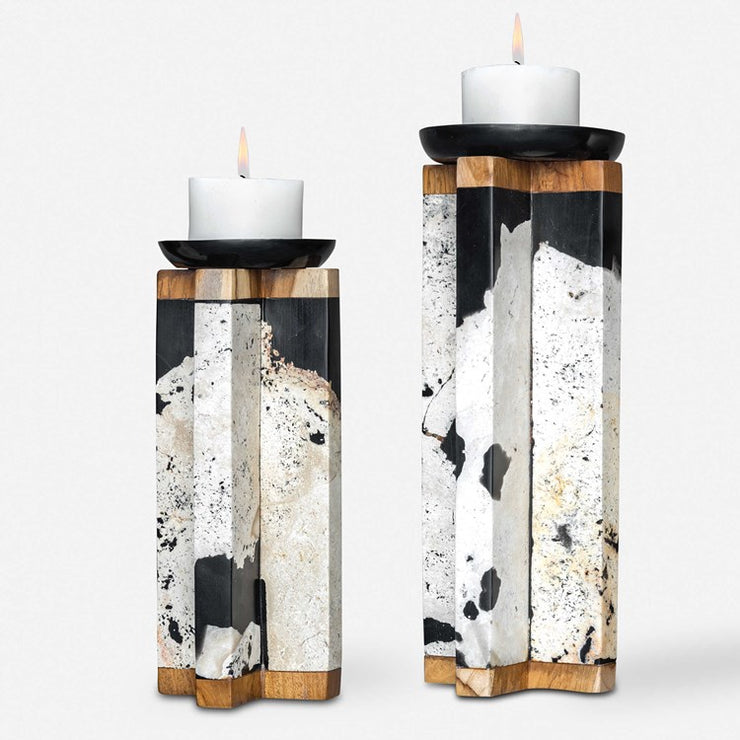 Uttermost Illini Natural Stone, Teak Wood and Aged Black Set of 2 Candle Holders ~ Candles Included