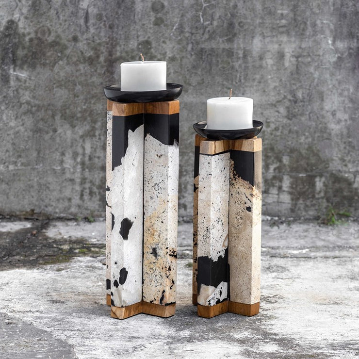 Uttermost Illini Natural Stone, Teak Wood and Aged Black Set of 2 Candle Holders ~ Candles Included