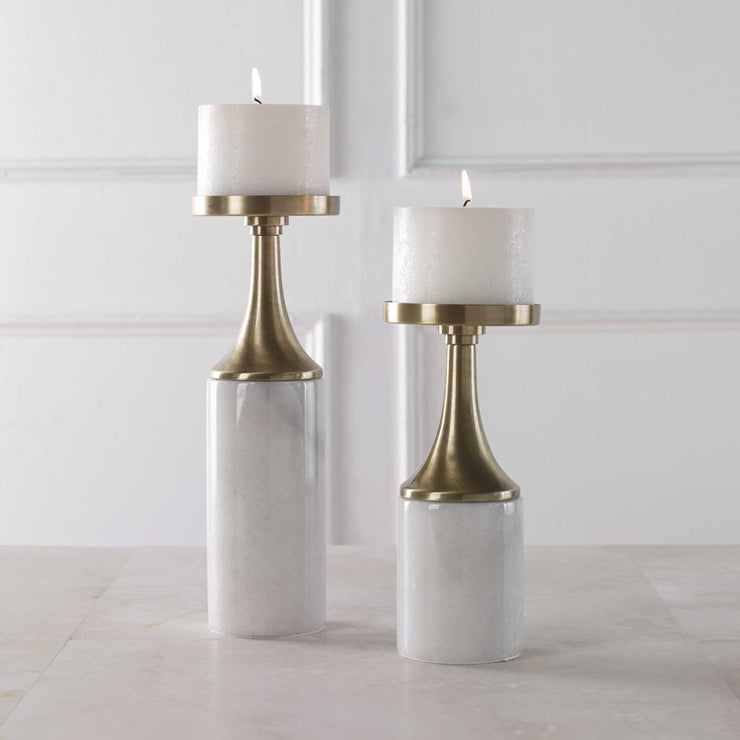 Uttermost Castiel White Marble and Antiqued Brushed Brass Set of 2 Candle Holders ~ Candles Included