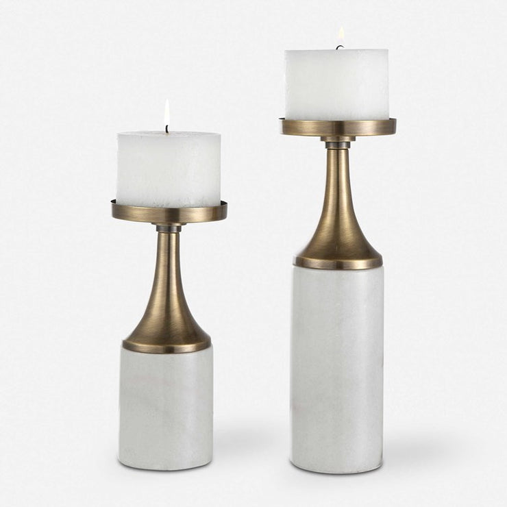 Uttermost Castiel White Marble and Antiqued Brushed Brass Set of 2 Candle Holders ~ Candles Included