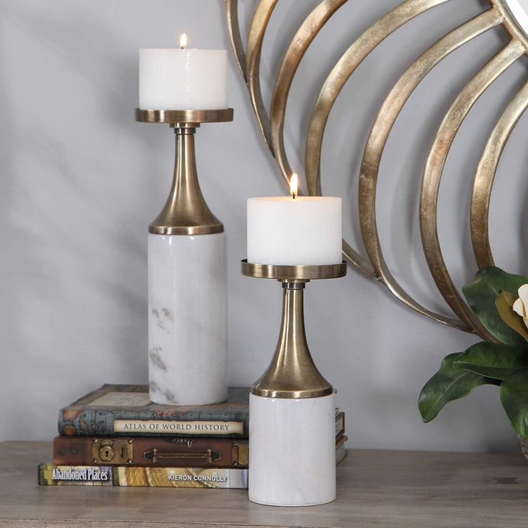 Uttermost Castiel White Marble and Antiqued Brushed Brass Set of 2 Candle Holders ~ Candles Included