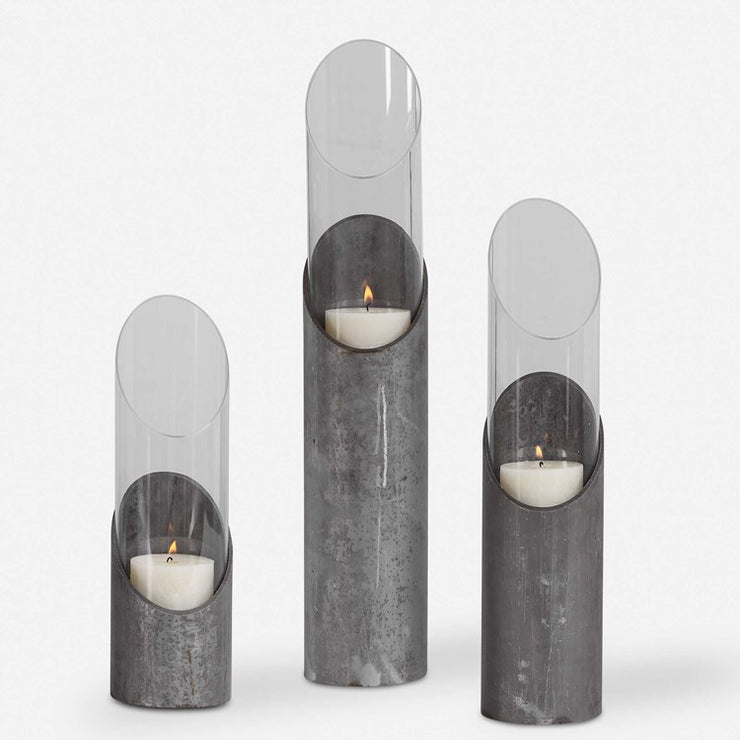 Uttermost Karter Iron and Glass Cylinder Set of 3 Candle Holders ~ Candles Included
