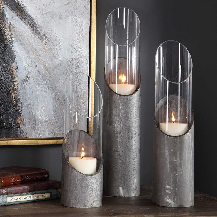Uttermost Karter Iron and Glass Cylinder Set of 3 Candle Holders ~ Candles Included