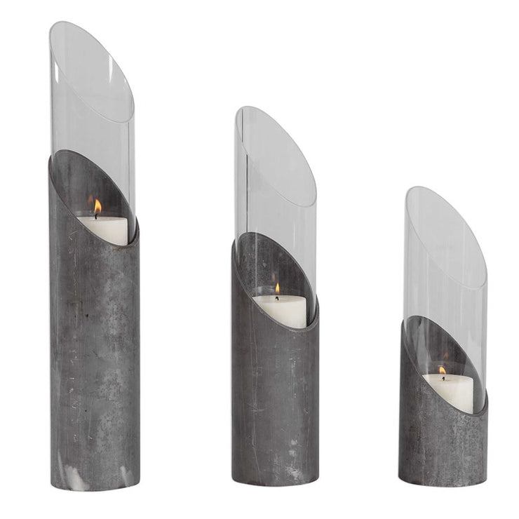 Uttermost Karter Iron and Glass Cylinder Set of 3 Candle Holders ~ Candles Included