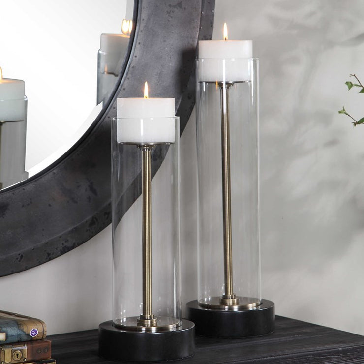 Uttermost Charvi Aged Brass and Glass Hurricane Set of 2 Candle Holders ~ Candles Included
