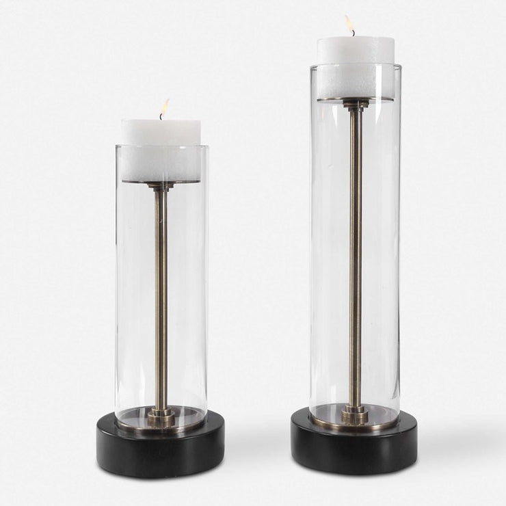 Uttermost Charvi Aged Brass and Glass Hurricane Set of 2 Candle Holders ~ Candles Included