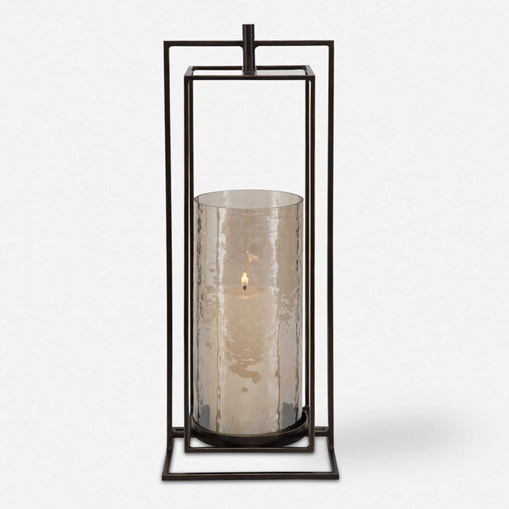 Uttermost Wenman Bronze Iron and Textured Glass Lantern Candleholder ~ Candle Included
