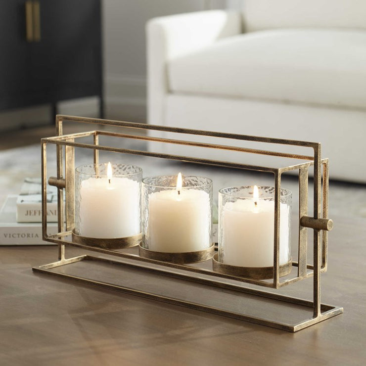Uttermost Wenman Gold Iron and Textured Glass Triple Candleholder ~ Candles Included