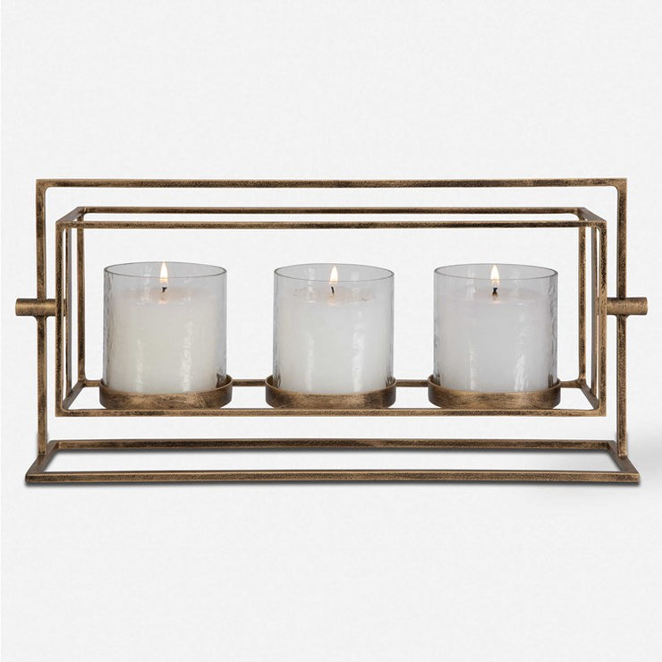 Uttermost Wenman Gold Iron and Textured Glass Triple Candleholder ~ Candles Included