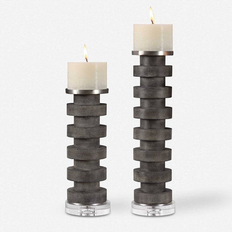 Uttermost Karun Charcoal Concrete and Crystal Set of 2 Candle Holders ~ Candles Included