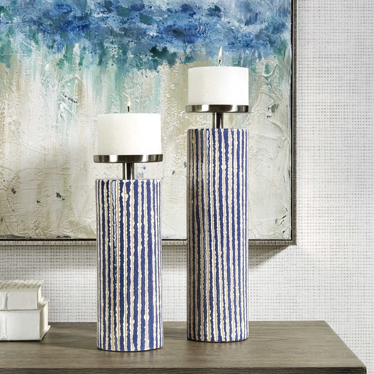 Uttermost Havana Ivory and Colbalt Blue Glaze Set of 2 Candle Holders  ~ Candles Included