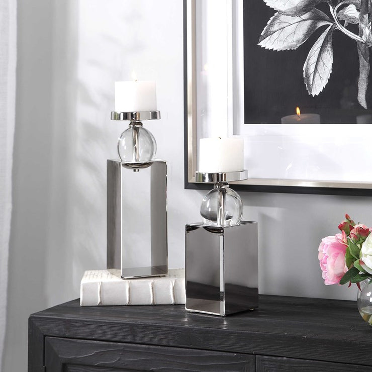 Uttermost Lucian Polished Nickel and Crystal Set of 2 Candle Holders ~ Candles Included