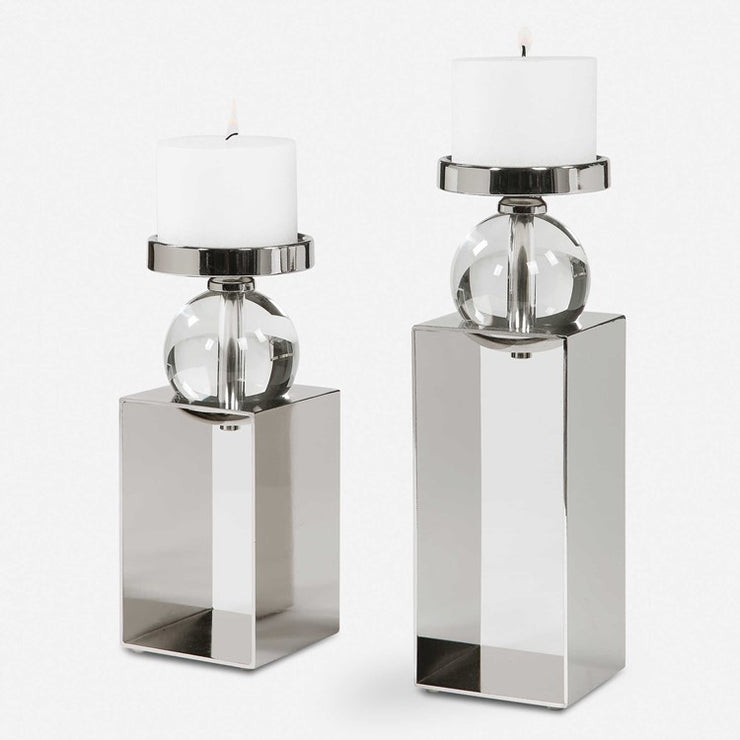 Uttermost Lucian Polished Nickel and Crystal Set of 2 Candle Holders ~ Candles Included