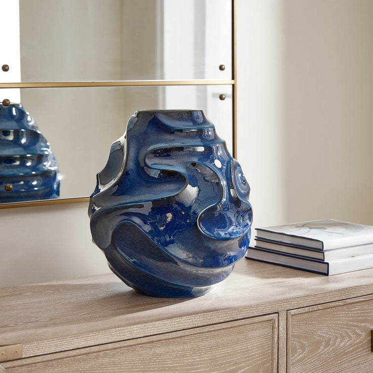 Uttermost Helix Blue Glaze Swirl Vase ~ Indoor And Outdoor Use