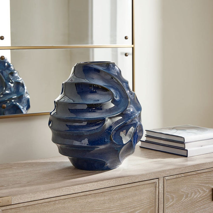 Uttermost Helix Blue Glaze Swirl Vase ~ Indoor And Outdoor Use