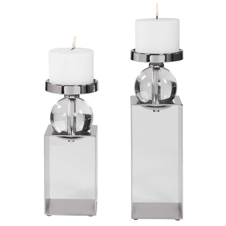 Uttermost Lucian Polished Nickel and Crystal Set of 2 Candle Holders ~ Candles Included