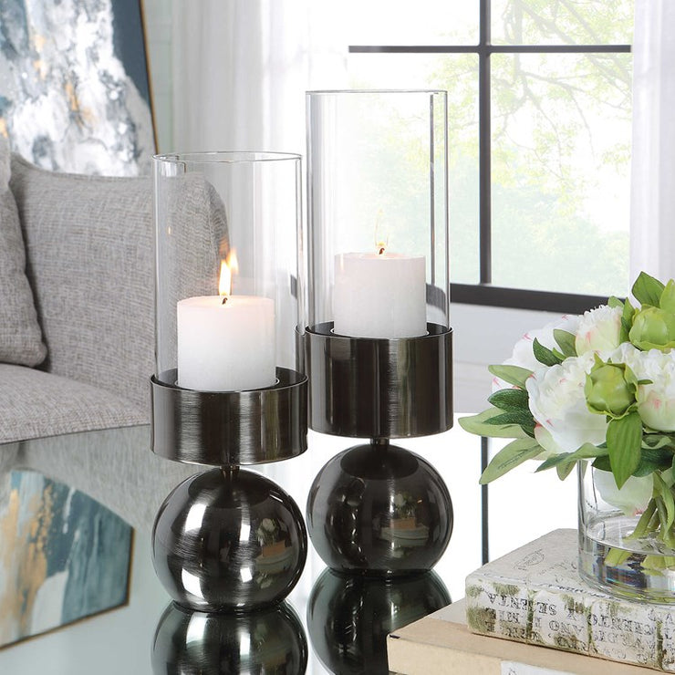 Uttermost Tilston Polished Gunmetal and Glass Set of 2 Candle Holders ~ Candles Included