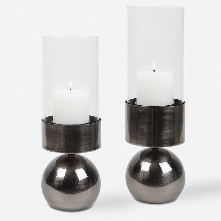 Uttermost Tilston Polished Gunmetal and Glass Set of 2 Candle Holders ~ Candles Included