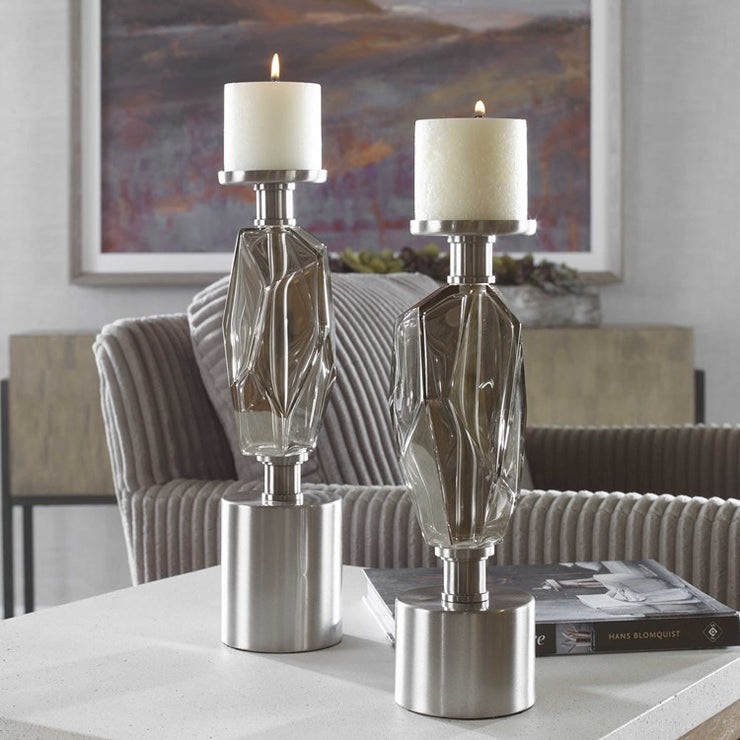 Uttermost Ore Brushed Nickel and Silver Glass Contemporary Set of 2 Candle Holders ~ Candles Included