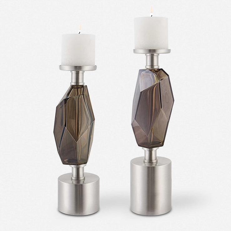 Uttermost Ore Brushed Nickel and Silver Glass Contemporary Set of 2 Candle Holders ~ Candles Included