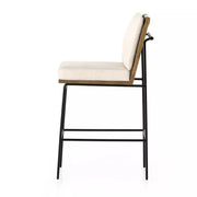 Four Hands Crete Black Iron and Wood Bar Stool ~ Saville Flax Performance Linen Blend Fabric Cushioned Seat