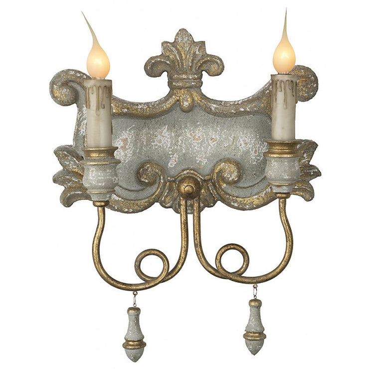 Provence Home Distressed Slate Blue & Gold Carved Wood Set of 2 Wall Sconces
