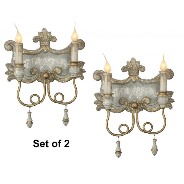 Provence Home Distressed Slate Blue & Gold Carved Wood Set of 2 Wall Sconces