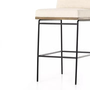 Four Hands Crete Black Iron and Wood Bar Stool ~ Saville Flax Performance Linen Blend Fabric Cushioned Seat