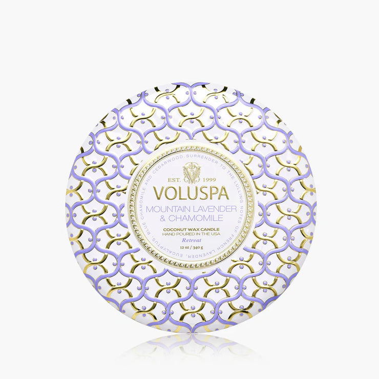 Voluspa Mountain Lavender And Chamomile 3 Wick Tin Candle ~ 12oz