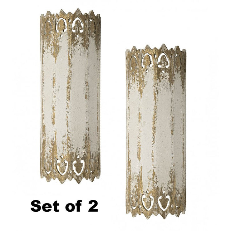 Provence Home Distressed Cream & Gold Carved Wood Set of 2 Wall Sconces